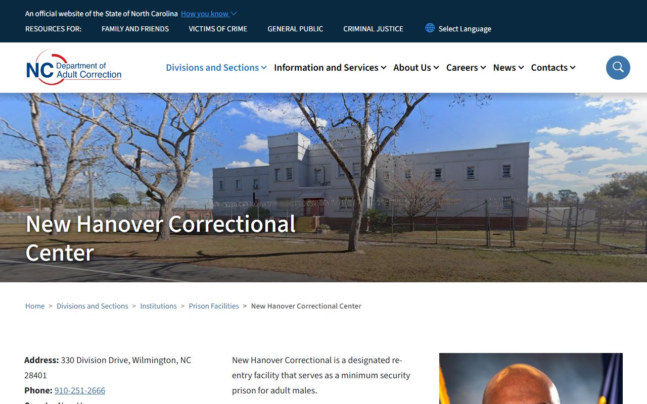 New Hanover Correctional Center state prison facility information from NC DAC