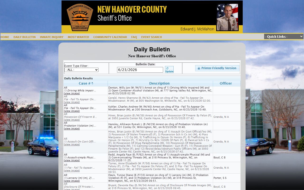 New Hanover County jail mugshots P2C Daily Bulletin arrest photo search