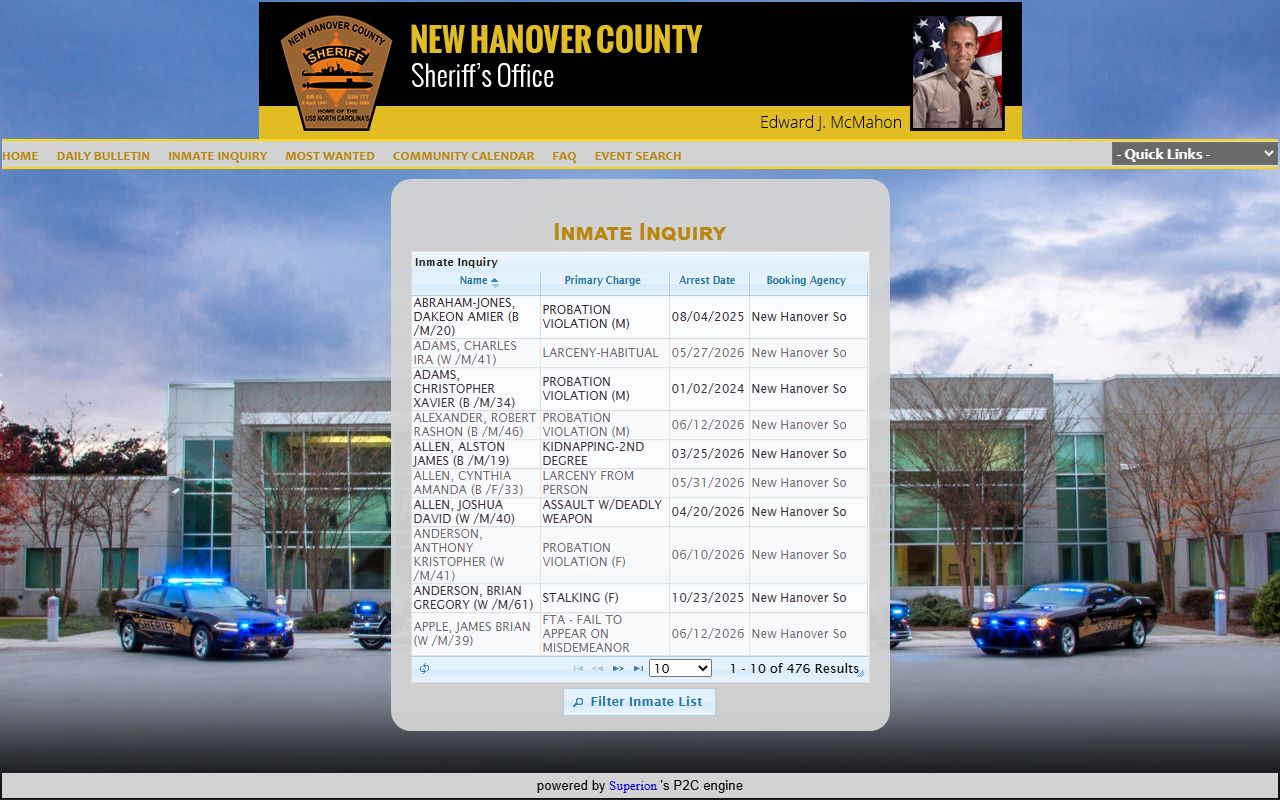 New Hanover County inmate population P2C inmate inquiry roster search